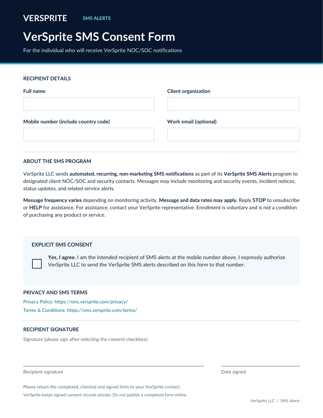 Public screenshot of the blank VerSprite SMS recipient consent form